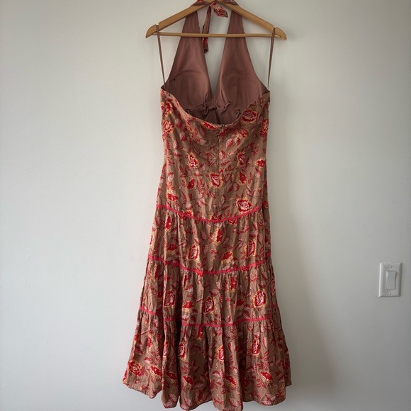 Philip Decaprio Designer Floral Maxi Halter Cotton Dress in Red and Tan Size 10 - Picture 5 of 11